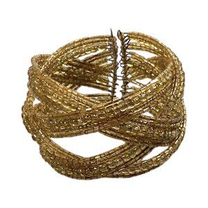 Vintage Cuff Bracelet S/M Yellow Bead Wire Celtic Knot Woven Wide Artsy Bohemian
